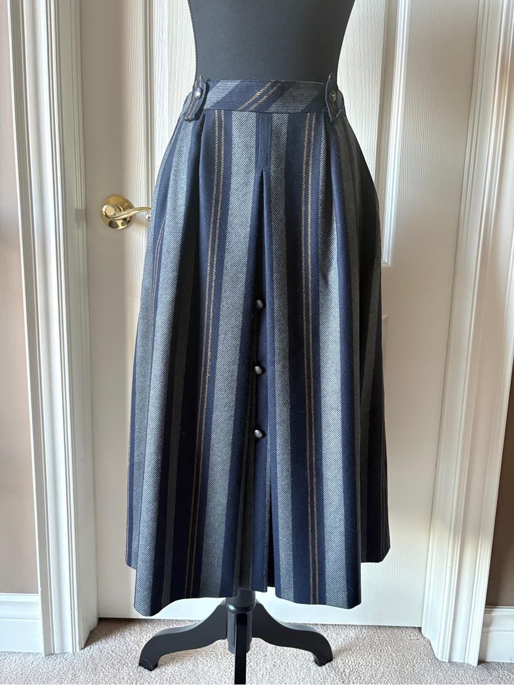 1980s Navy Striped A-Line Midi Skirt